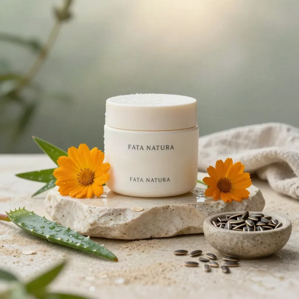 Barattolo di crema viso alla calendula bio con fiori, aloe e lino su pietra crema, luce mattutina