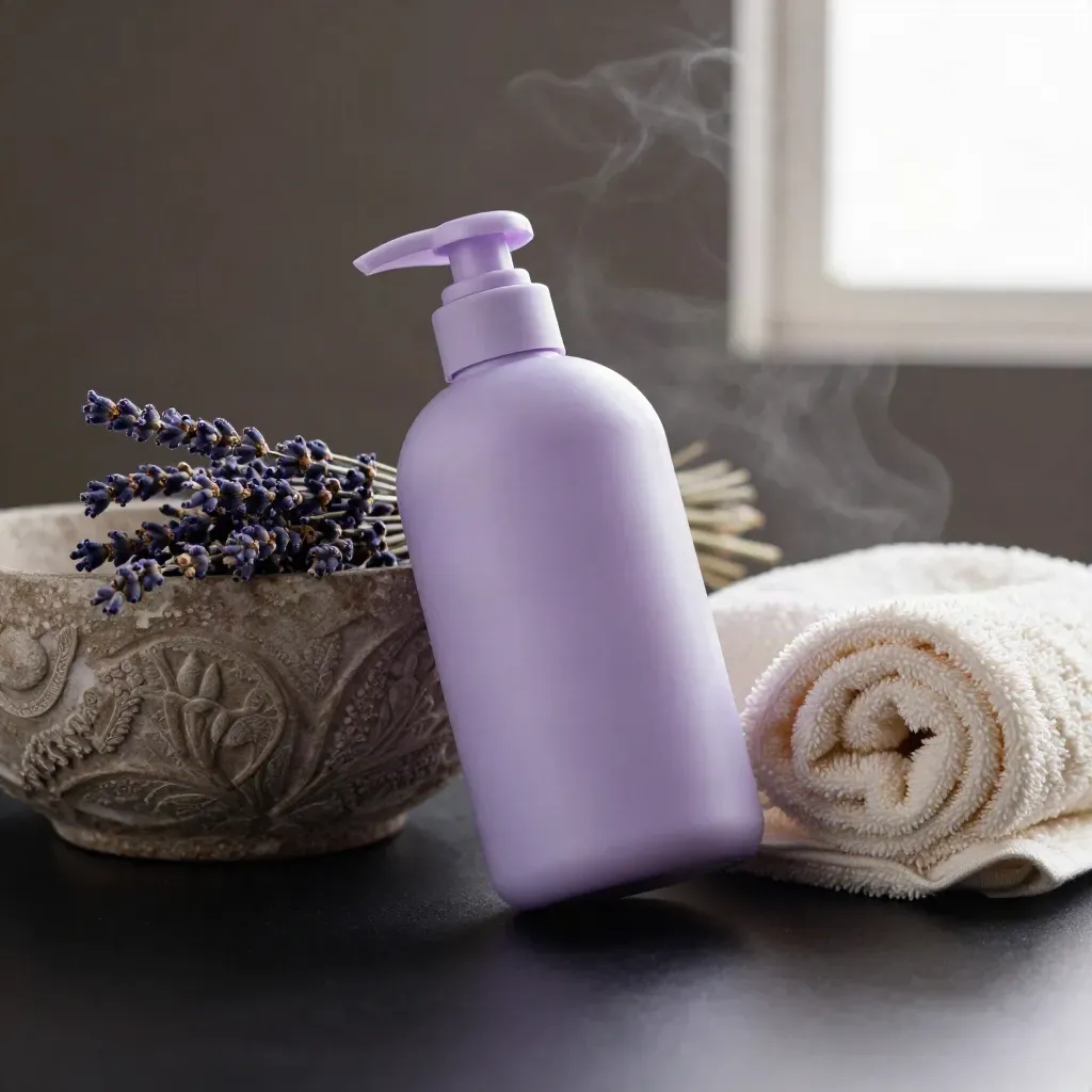 Bagnoschiuma alla lavanda con ciotola di pietra, lavanda secca e asciugamano arrotolato nel vapore