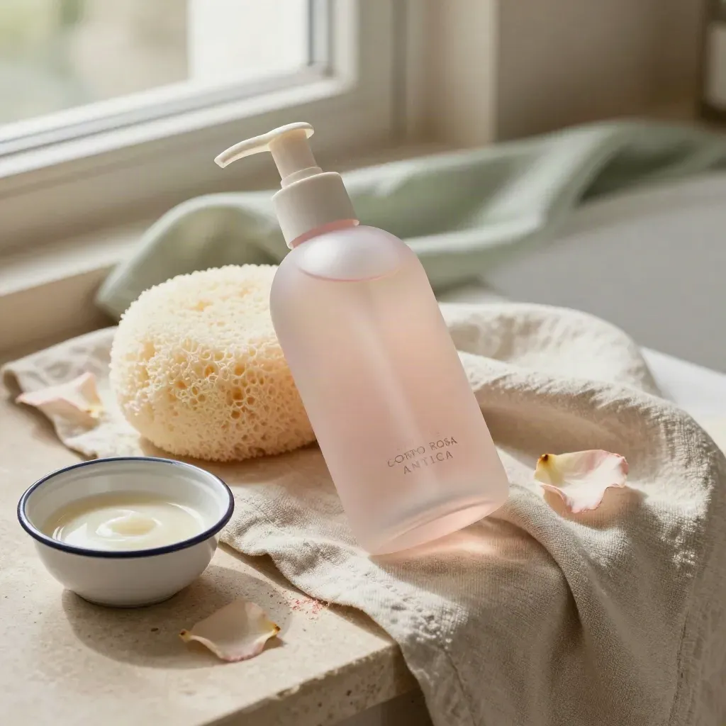 Bottiglia di latte corpo rosa antica su lino, con petali di rosa, spugna e ciotolina smaltata.