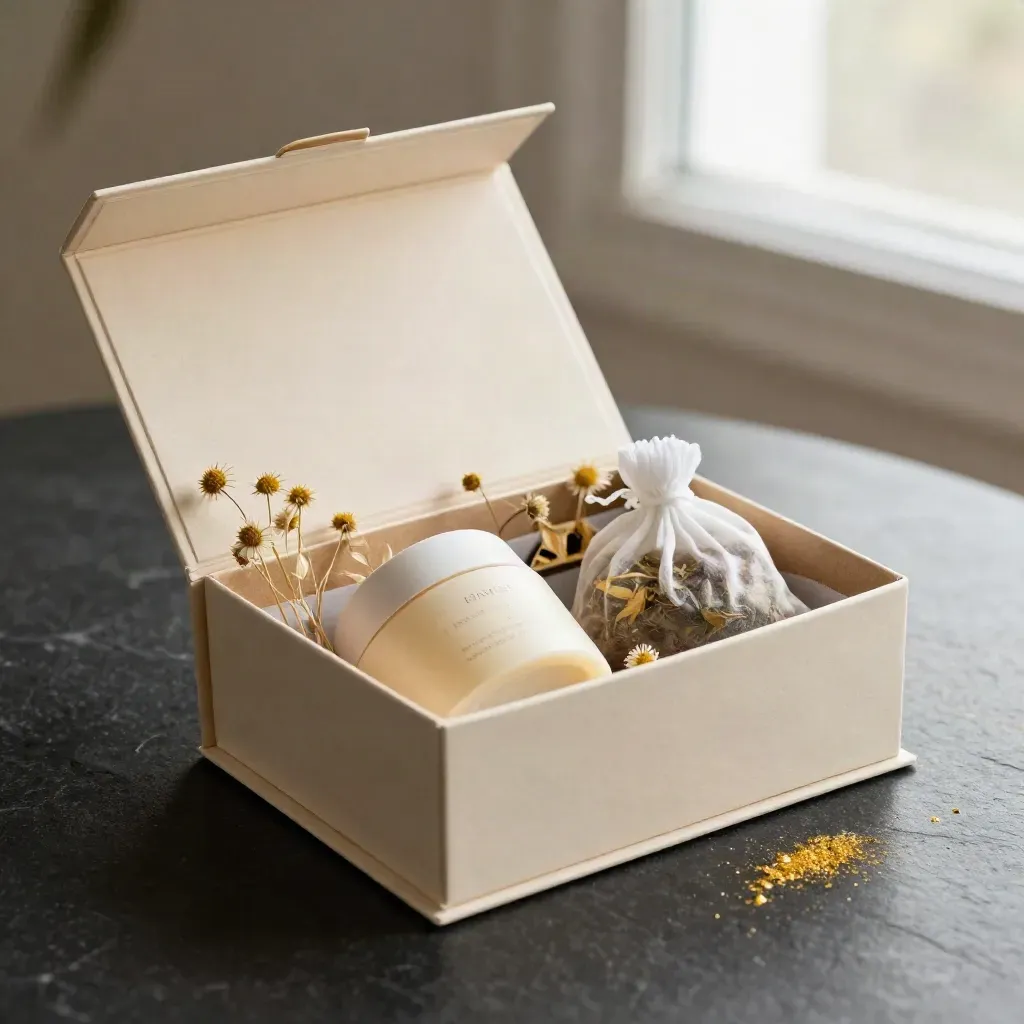 Cofanetto regalo aperto con crema, sapone e tisana su base nera, tra fiori secchi e lino.