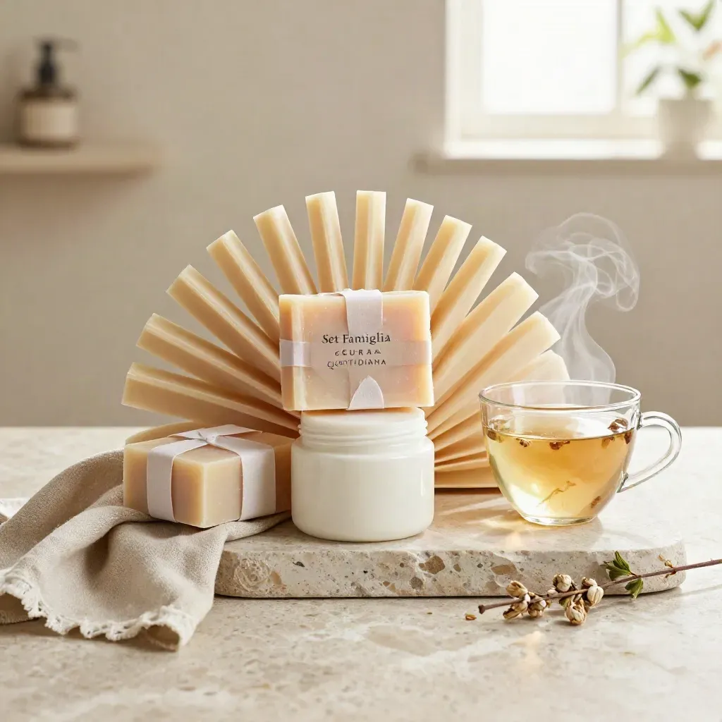 Sapone, crema e tisana su vassoio in pietra con lino e rami botanici, luce calda