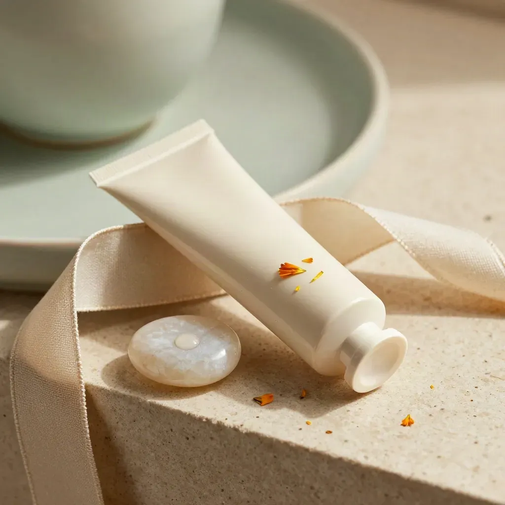 Tubo crema mani alla calendula con petali, goccia lucida su pietra e nastro di lino.