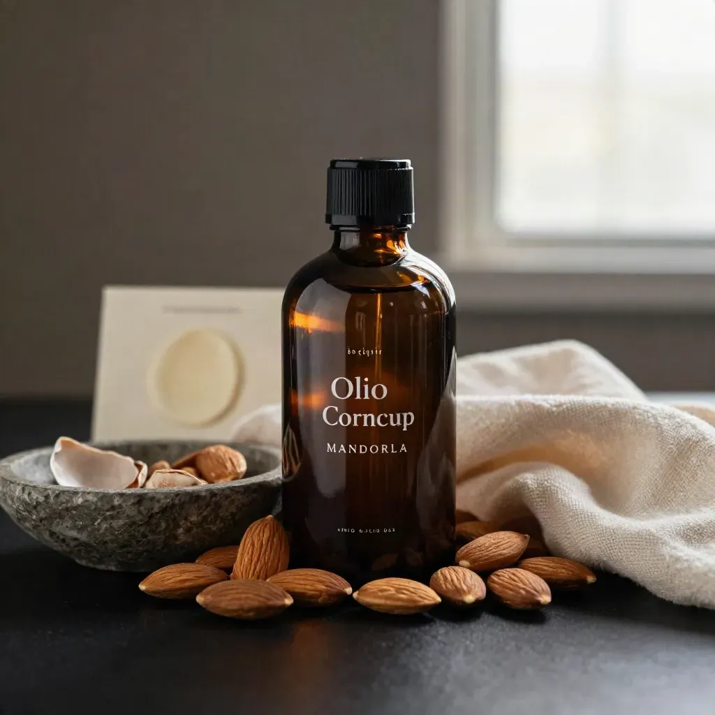 Bottiglia scura di olio corpo con gusci di mandorla, ciotola di pietra e lino rosa cipria