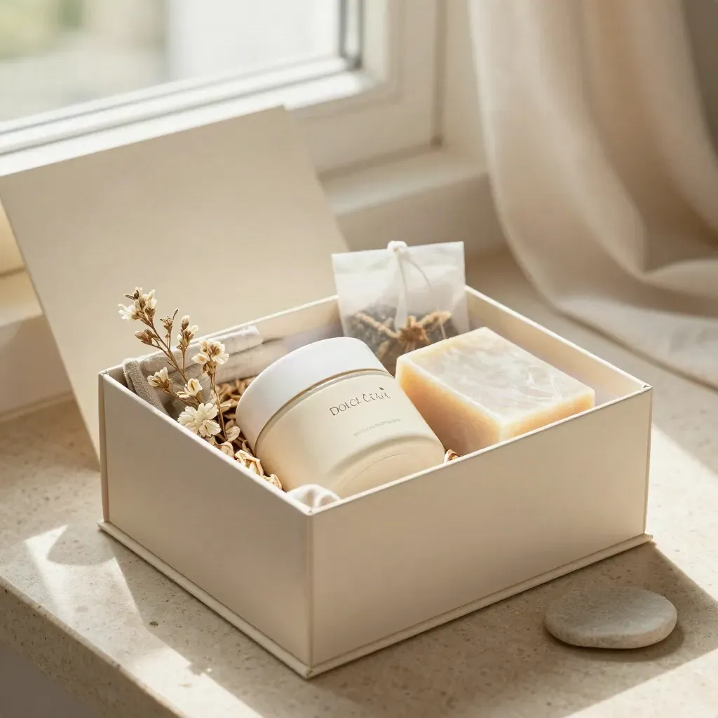 Set regalo aperto con crema, sapone, tisana, lino e fiori secchi su pietra.