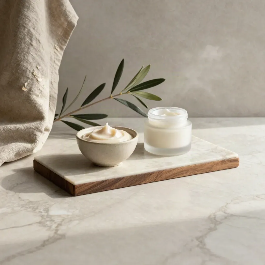 Lastra di marmo chiaro con ciotola crema, ramoscello d’olivo e luce morbida del mattino.